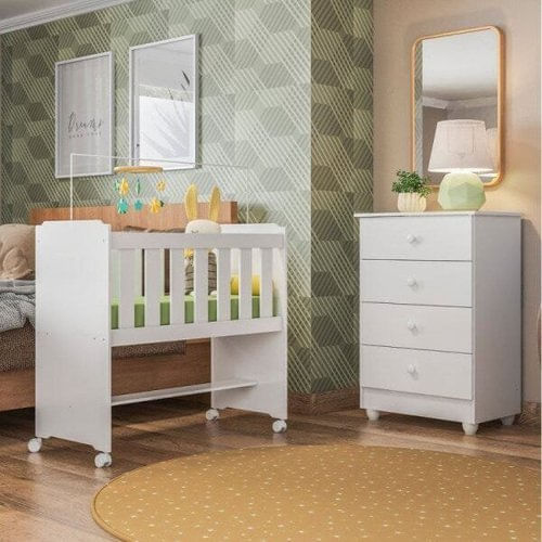 Conjunto Quarto de Bebê 100% MDF com Mini Berço e Cômoda 4 Gavetas Branco