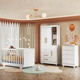 Quarto De Bebê Completo 100% Mdf Com Cômoda Berço E Guarda Roupa 1 Mdf Nina Branco