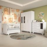 Quarto de Bebê Completo com Guarda Roupa com Janela Berço e Cômoda 100% MDF Retrô Kakau Espresso Móveis Branco Brilho