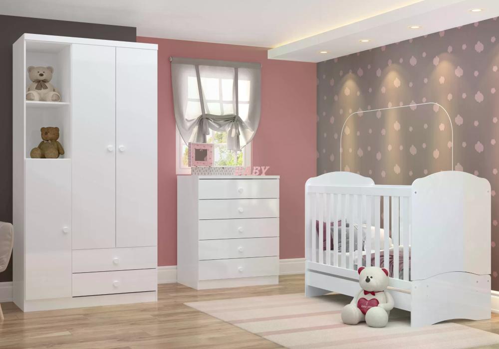 Quarto De Bebê Com Guarda Roupa 3 Portas Cômoda E Berço Faz De Conta Espresso Móveis Branco/branco/rosa