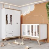 Quarto De Bebê Com Guarda Roupa 4 Portas E Berço 3 Em 1 Retrô Theo Espresso Móveis Branco/jequitibá Hp