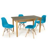 Conjunto Mesa De Jantar Retangular Luiza 135cm Natural Com 4 Cadeiras Eames Eiffel - Turquesa