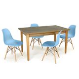 Conjunto Mesa De Jantar Retangular Luiza 135cm Natural Com 4 Cadeiras Eames Eiffel - Azul Claro