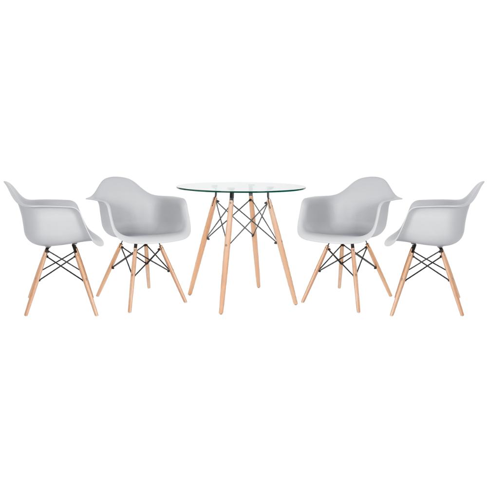 KIT - Mesa redonda de vidro Eames 80 cm + 4 cadeiras Eiffel DAW cinza claro