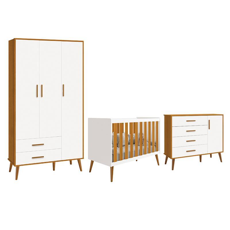 Dormitório Infantil Isis Guarda Roupa 3 Portas, Cômoda 1 Porta E Berço Branco/savana - Reller Móveis