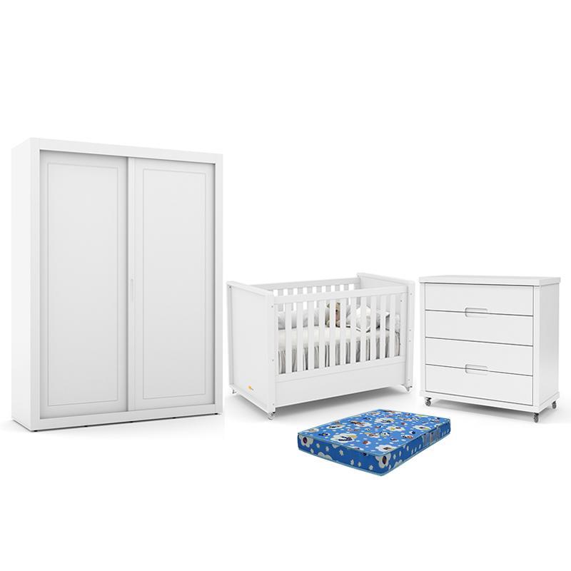 Dormitório Tutto New 2 Portas, Cômoda 4 Gavetas E Berço Branco Soft Com Colchão - Matic Móveis