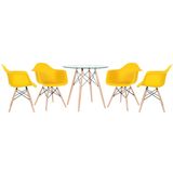 KIT - Mesa redonda de vidro Eames 80 cm + 4 cadeiras Eiffel DAW amarelo