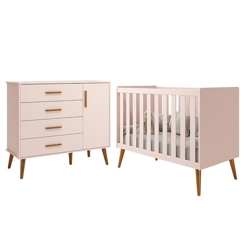 Jogo De Quarto Infantil Isis Cômoda 1 Porta E Berço Rosa - Reller Móveis