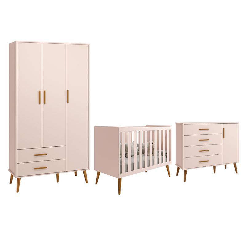 Dormitório Infantil Isis Guarda Roupa 3 Portas, Cômoda 1 Porta E Berço Rosa - Reller Móveis