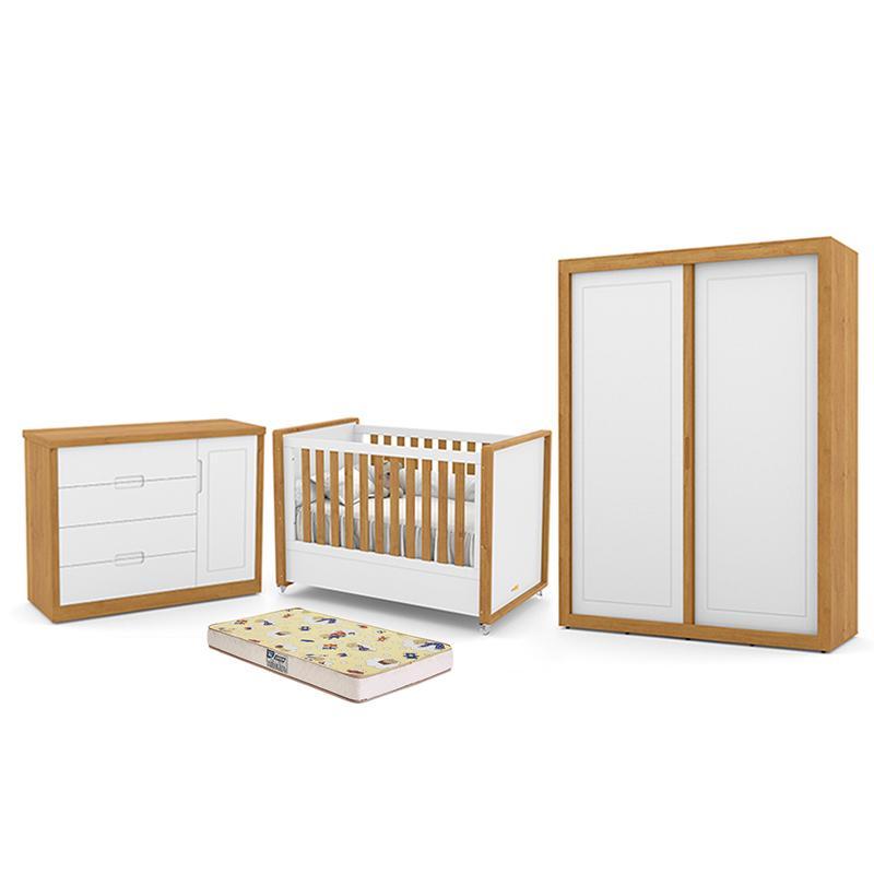 Dormitório Tutto New 2 Portas, Cômoda 1 Porta, Berço Branco Soft/freijó Com Colchão D18 - Matic Móveis