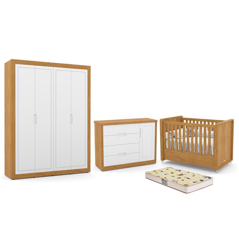Dormitório Tutto New 4 Portas, Cômoda 1 Porta, Berço Freijó/branco Soft Com Colchão D18 - Matic Móveis