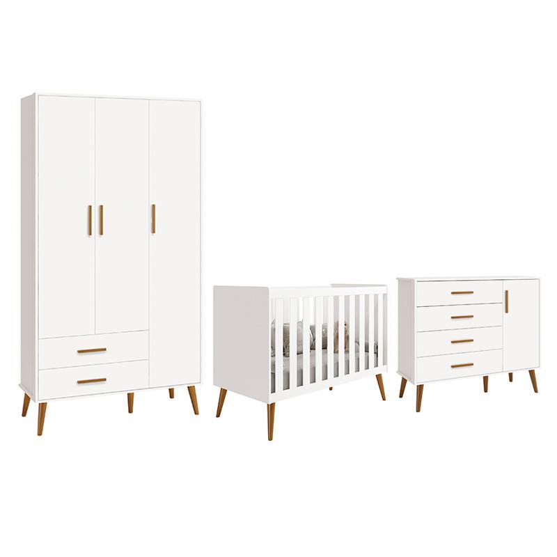 Dormitório Infantil Isis Guarda Roupa 3 Portas, Cômoda 1 Porta E Berço Branco - Reller Móveis