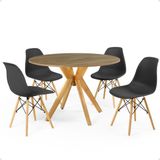 Conjunto Mesa De Jantar Redonda Marci Natural 100cm Com 4 Cadeiras Eames Eiffel - Preto