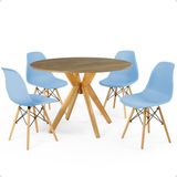 Conjunto Mesa De Jantar Redonda Marci Natural 100cm Com 4 Cadeiras Eames Eiffel - Azul Claro