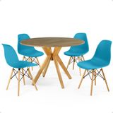 Conjunto Mesa De Jantar Redonda Marci Natural 100cm Com 4 Cadeiras Eames Eiffel - Turquesa