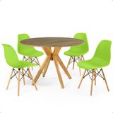 Conjunto Mesa De Jantar Redonda Marci Natural 100cm Com 4 Cadeiras Eames Eiffel - Verde