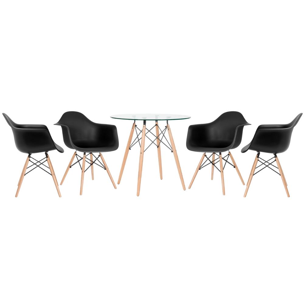 KIT - Mesa redonda de vidro Eames 80 cm + 4 cadeiras Eiffel DAW preto