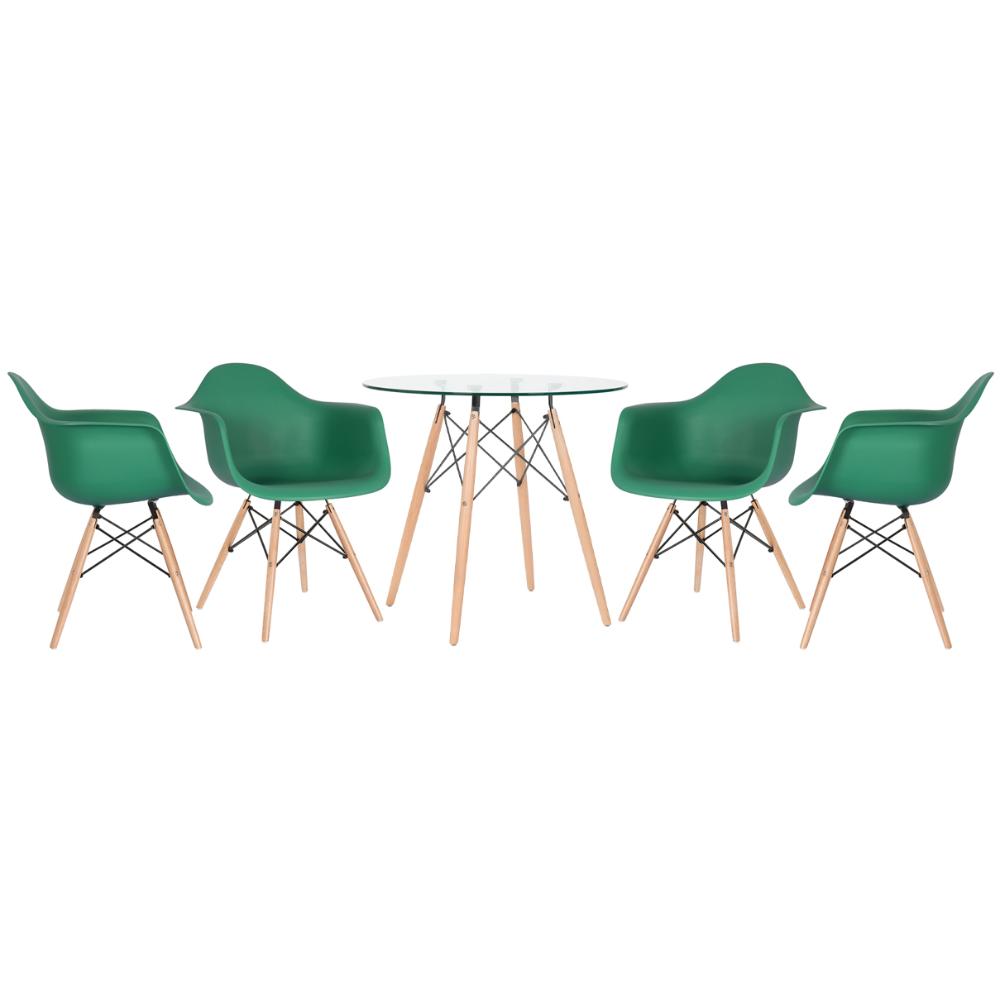 KIT - Mesa redonda de vidro Eames 80 cm + 4 cadeiras Eiffel DAW verde escuro