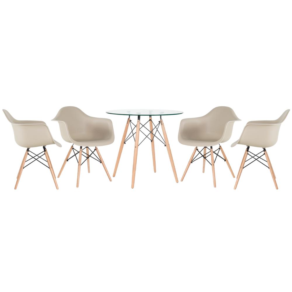 KIT - Mesa redonda de vidro Eames 80 cm + 4 cadeiras Eiffel DAW nude