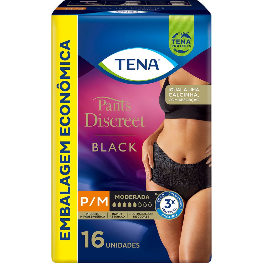 Calcinha Descartável Tena Pants Discreet Preta P/M 16 Unidades