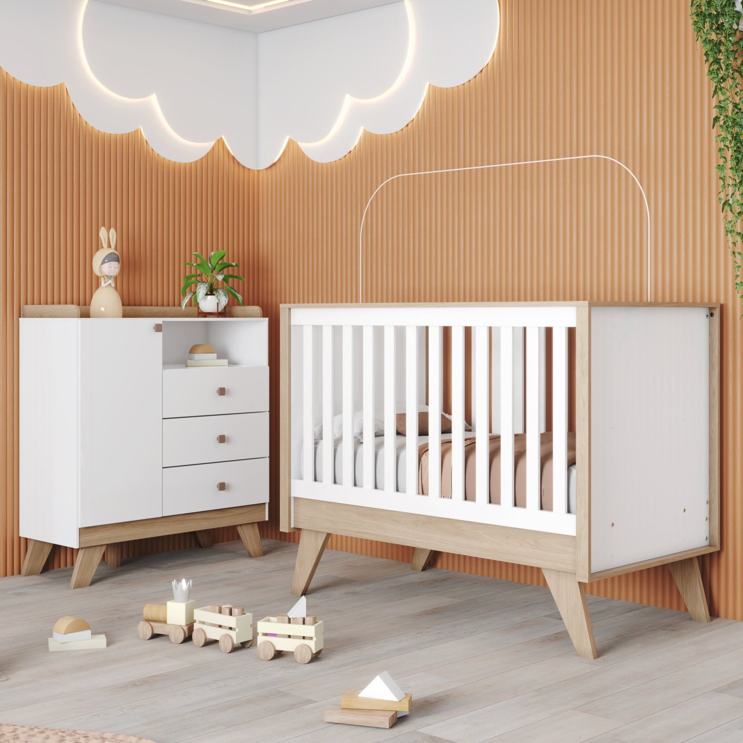 Quarto De Bebê Com Berço 3 Em 1 E Cômoda 3 Gavetas 1 Porta Retrô Theo Espresso Móveis Branco/jequitibá Hp