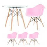 KIT - Mesa redonda de vidro Eames 80 cm + 3 cadeiras Eiffel DAW rosa claro