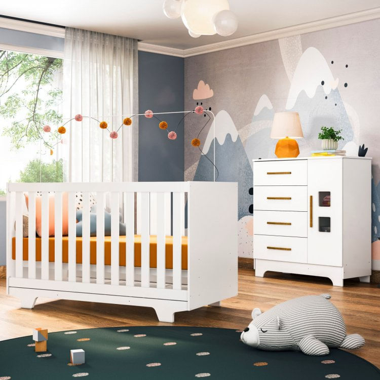 Quarto de Bebê com Berço Mini Cama Life e Cômoda Fly Tigus Baby Branco