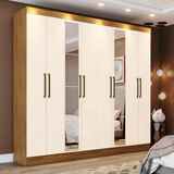 Guarda Roupa Casal 8 Portas 4 Gavetas Com Espelho Lara Casa 812 Nature Com Off White