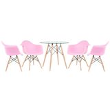 KIT - Mesa redonda de vidro Eames 80 cm + 4 cadeiras Eiffel DAW rosa claro