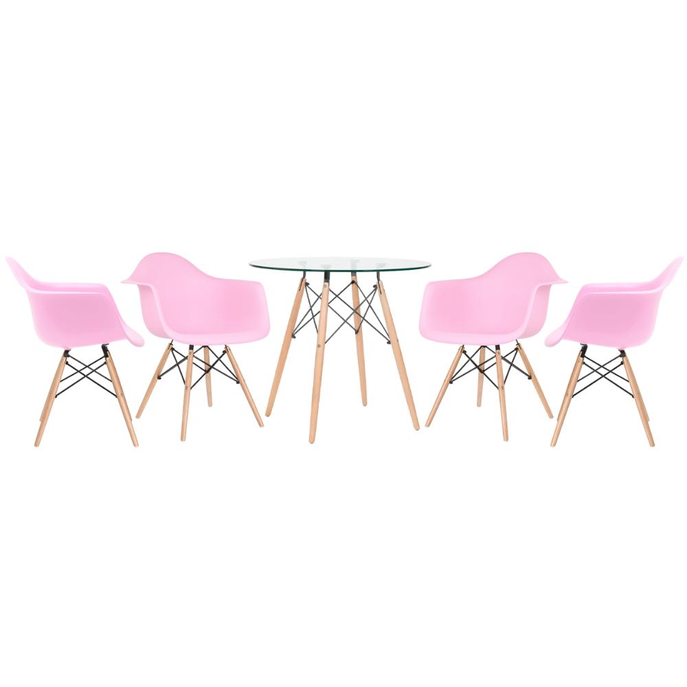 KIT - Mesa redonda de vidro Eames 80 cm + 4 cadeiras Eiffel DAW rosa claro