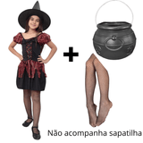 Fantasia Halloween Infantil Bruxinha Completa C/ Chapeu Meia E Caldeirao Vestido De Bruxa Feiticeira Malvada Carnaval