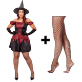 Fantasia Halloween Adulto Bruxa Vestido + Chapéu + Meia Arrastão Vestido De Bruxa Malvada Feiticeira Brilho Carnaval