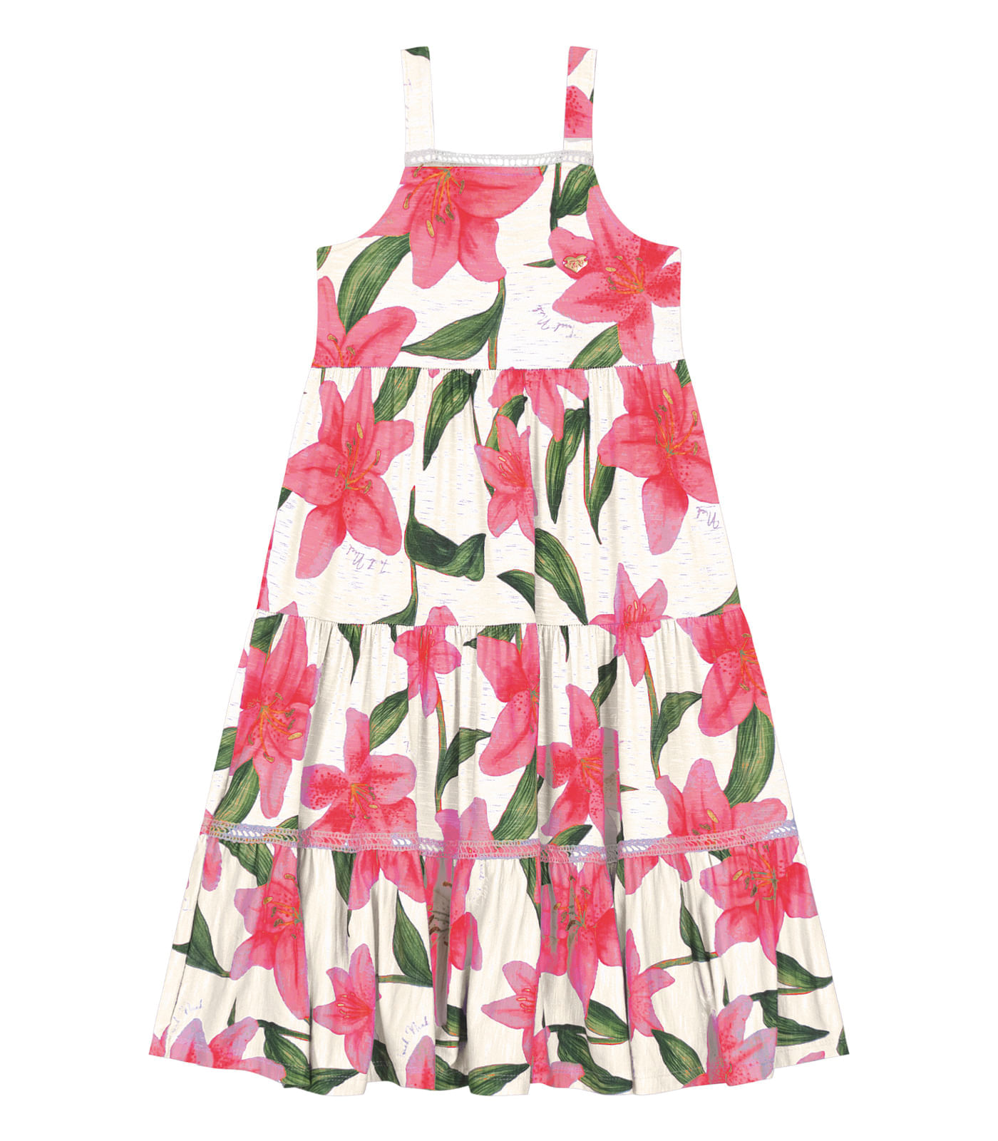 Vestido Midi Infantil Estampas Florais Trick Nick Bege 4