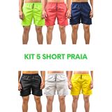 Kit 5 Short Praia Masculino Tactel Liso, Neon, Esporte, Academia