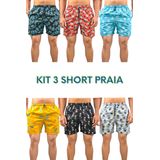 Kit 3 Short Praia Masculino Tactel Estampado, Neon, Esporte, Academia