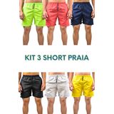 Kit 3 Short Praia Masculino Tactel Liso, Neon, Esporte, Academia