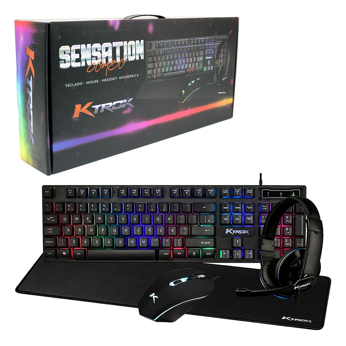 Kit Gamer 4 Em 1 Ktrok Sensation, Teclado Abnt2, Headset, Mouse 3200 Dpi, Mousepad, Preto