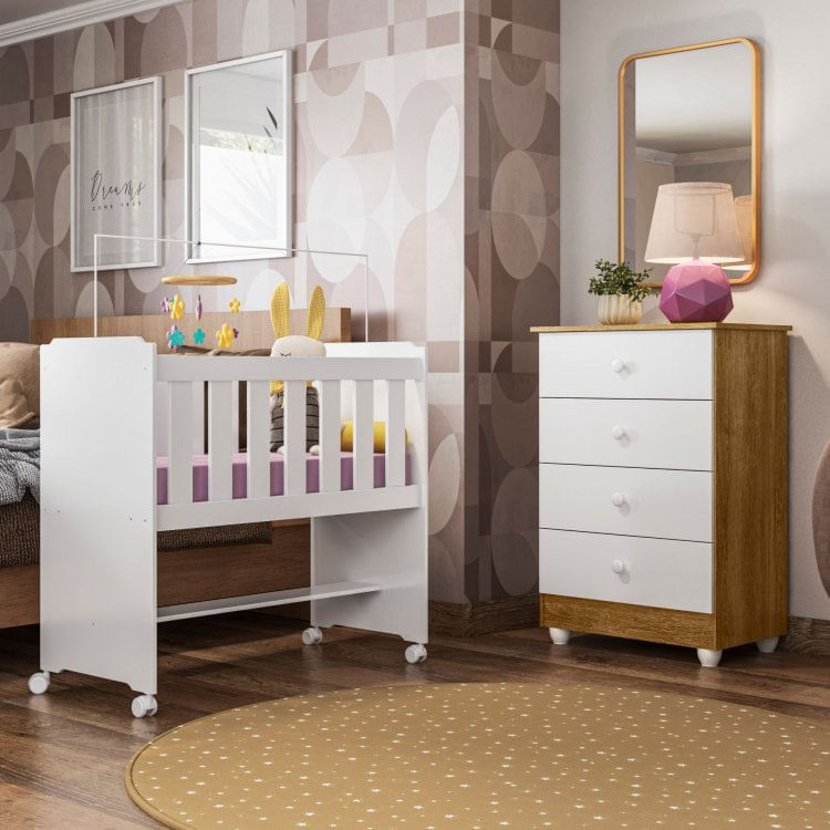 Quarto de Bebê Com Mini Berço Tigus e Cômoda Soft Life Branco/Madeirado Ypê