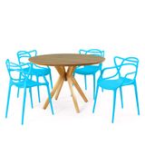 Conjunto Mesa De Jantar Redonda Marci Premium Natural 120cm Com 4 Cadeiras Allegra - Azul