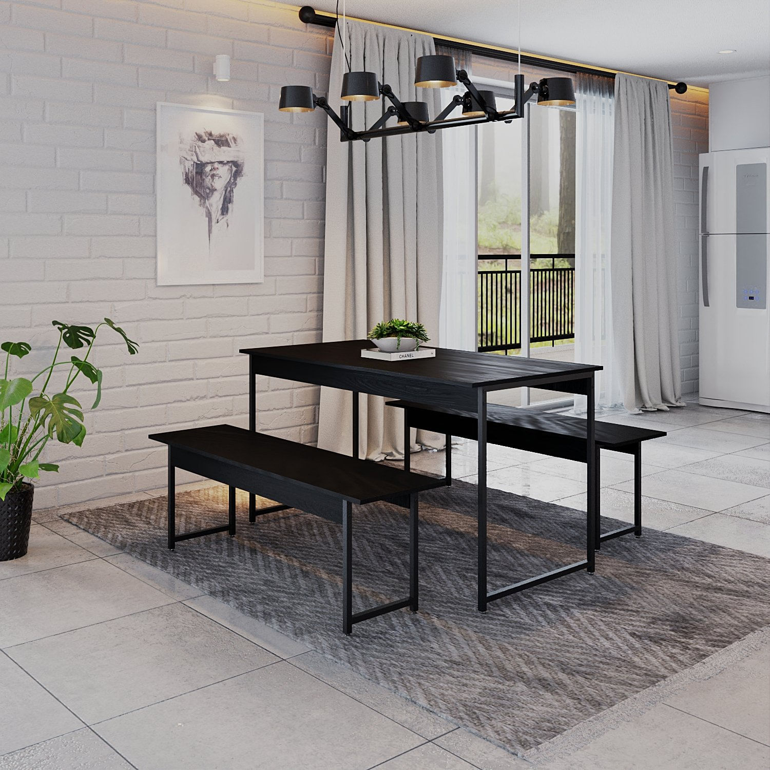 Conjunto Mesa De Jantar Com 2 Bancos Estilo Industrial Active Yescasa Preto Ônix