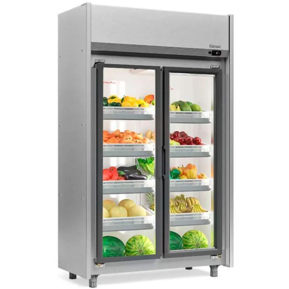 Refrigerador Vertical Hortifruti 2 Portas De Vidro Geas2p Gelopar Auto Serviço Hortifruti Inox 220v