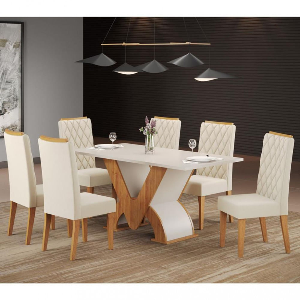 Conjunto Sala De Jantar Mesa 160cm Lunar 6 Cadeiras Iza Viero