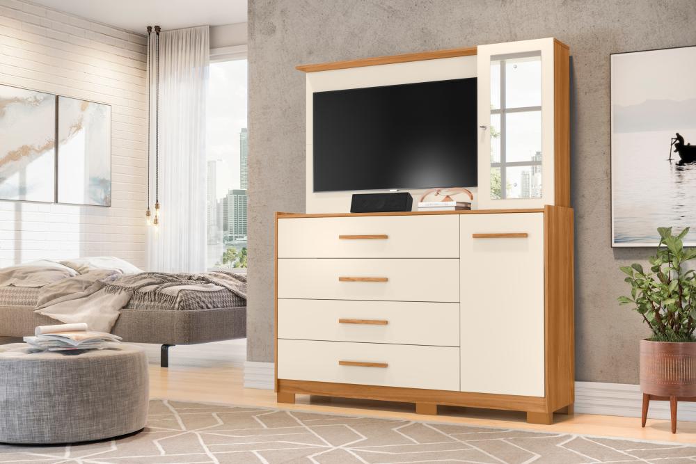 Cômoda Ilhabela Com Espelho Carvalho Grife / Off White  Móveis Albatroz