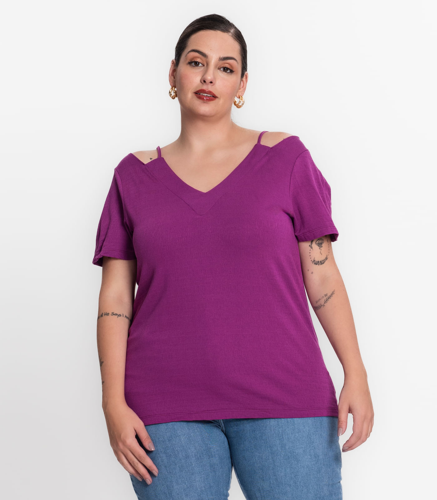 Blusa Feminina Plus Size Decote V Secret Glam Roxo Plus G4