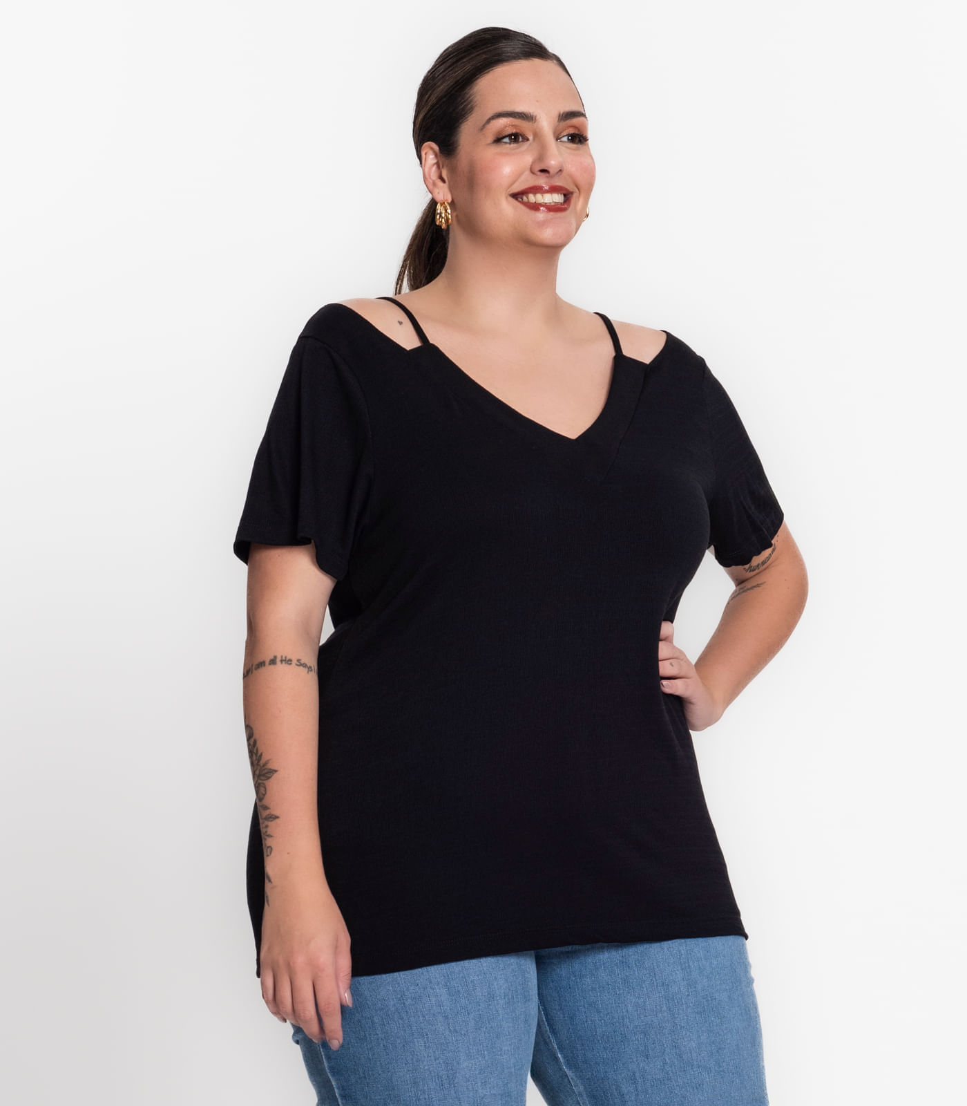 Blusa Feminina Plus Size Decote V Secret Glam Preto Plus G4