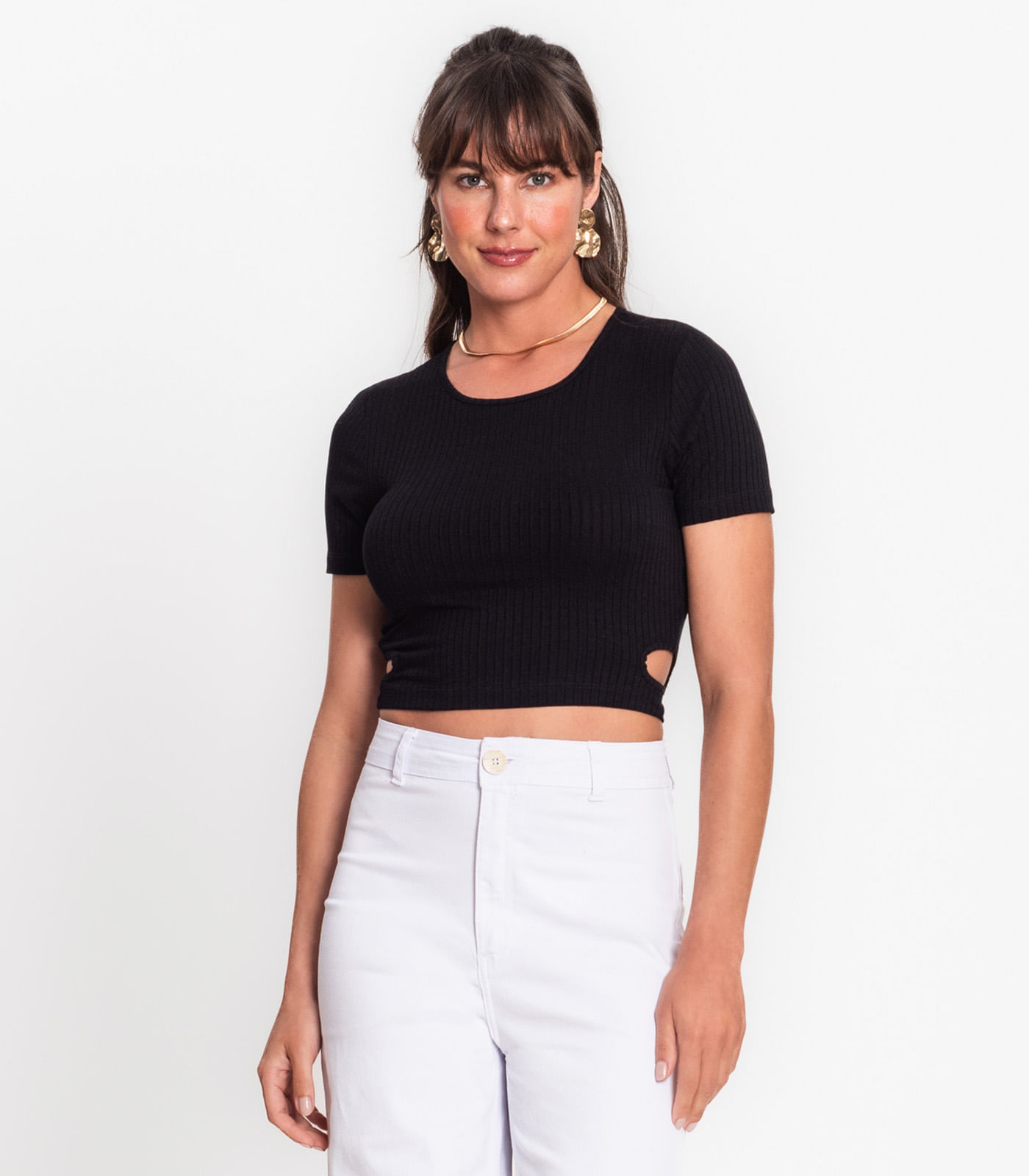 Blusa Decote Redondo Em Ribana Canelada Rovitex Preto Gg