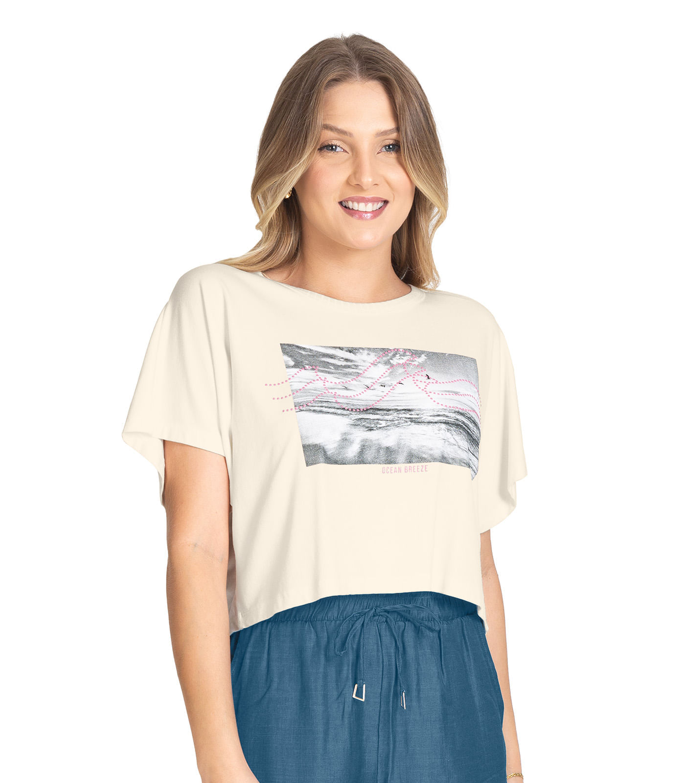 Blusa Cropped Feminina Com Decote Redondo Rovitex Bege P