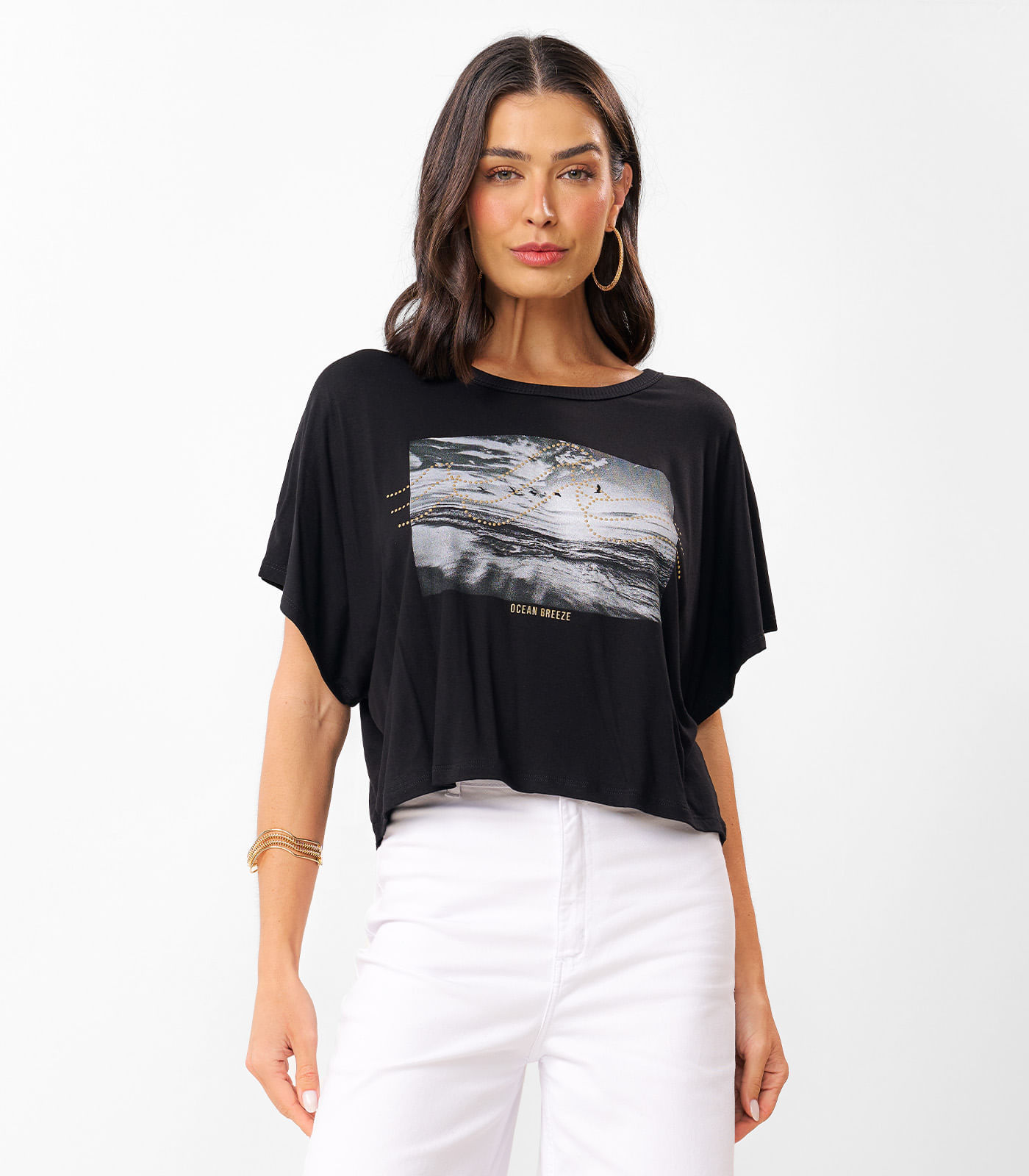 Blusa Cropped Feminina Com Decote Redondo Rovitex Preto M