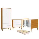 Dormitório Infantil Theo Retrô 2 Portas, Cômoda, Berço Branco/savana Com Pés Amadeirado E Colchão D18 - Reller Móveis