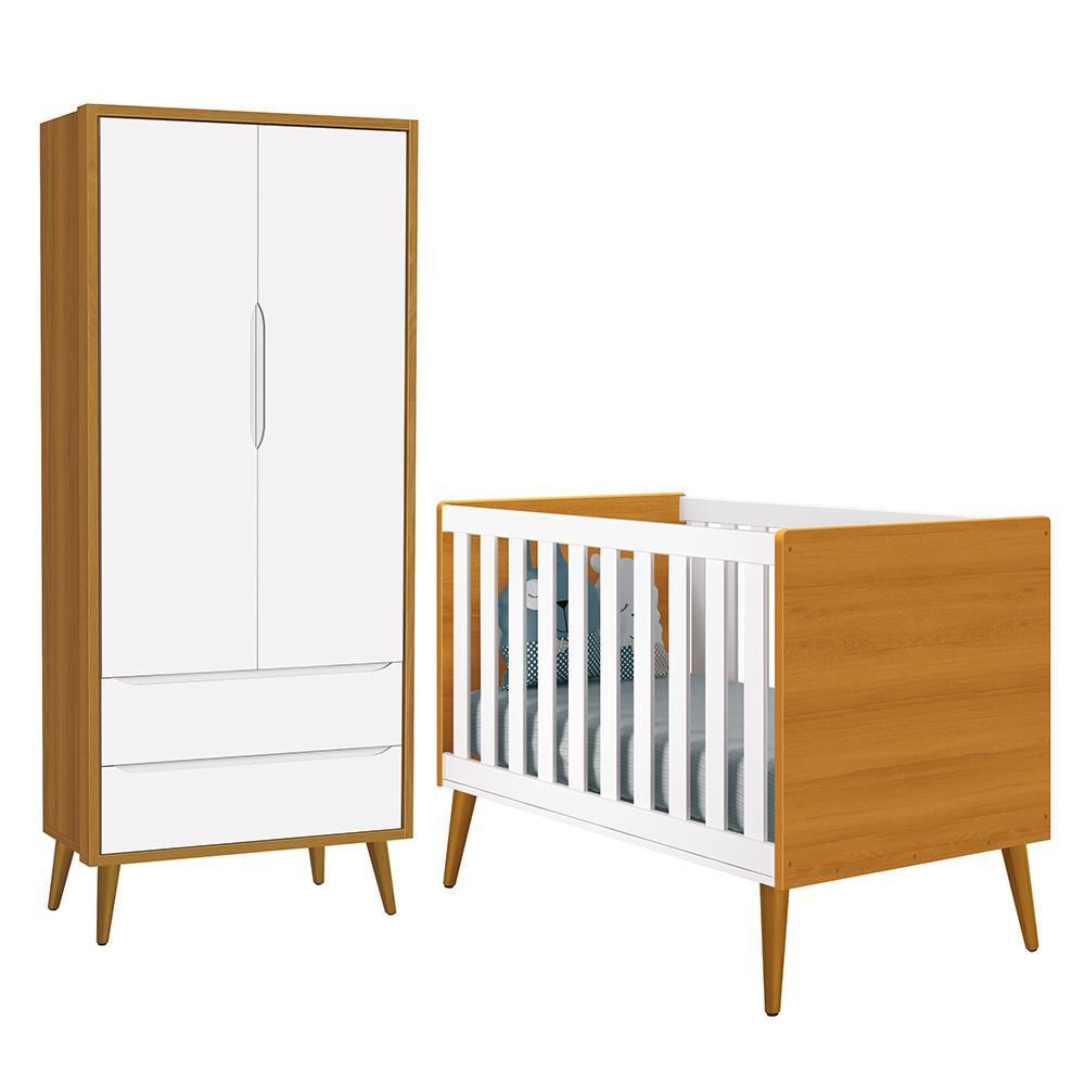 Jogo De Quarto Infantil Theo Retrô Guarda Roupa 2 Portas E Berço Branco/savana Com Pés Amadeirado - Reller Móveis